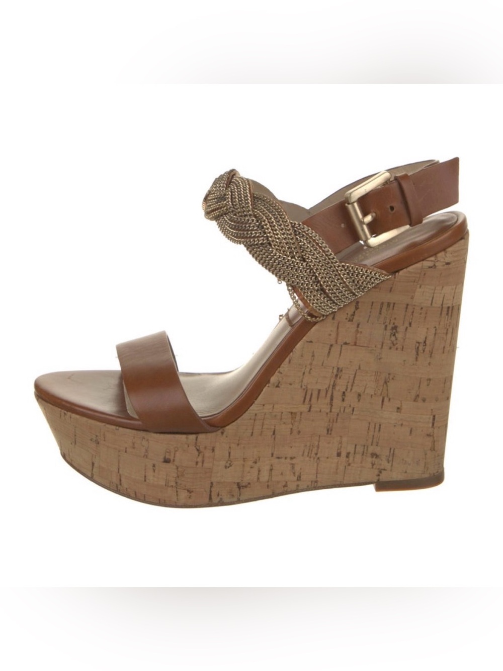 Michael Kors Brown Leather Chain-Link Accent Platform Wedge Sandals. Size 6.
